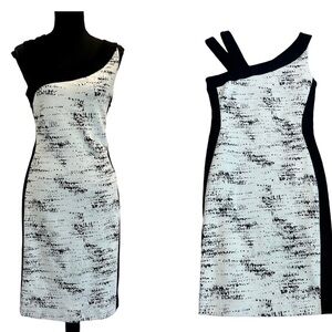 Joseph Ribkoff white black double strap one shoulder asymmetrical bodycon dress